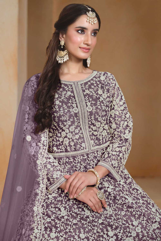 Tempting Net Fabric Lavender Color Function Style Anarkali Suit