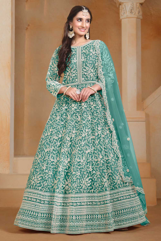 Engaging Sea Green Color Net Fabric Function Style Anarkali Suit