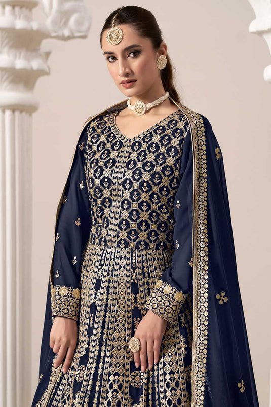 Navy Blue Color Georgette Fabric Function Style Vintage Anarkali Suit