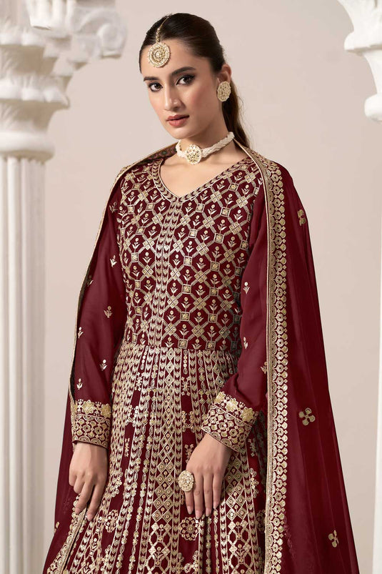 Georgette Fabric Function Style Lovely Anarkali Suit In Maroon Color