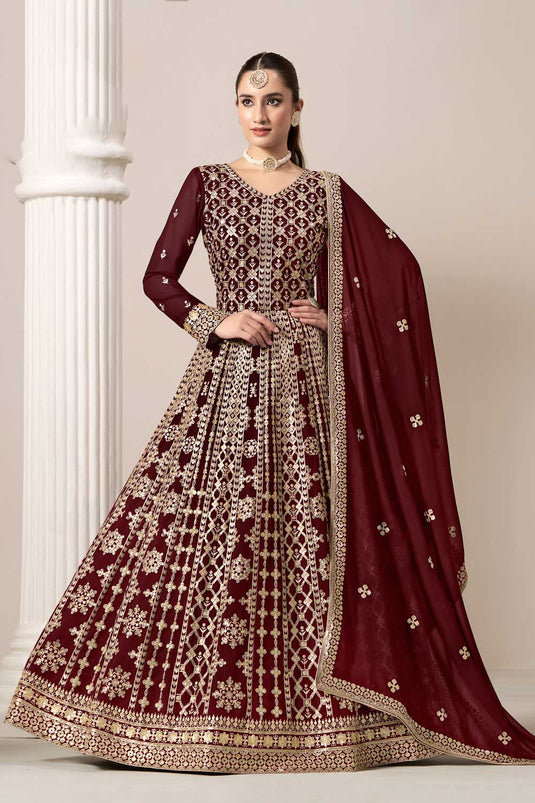 Georgette Fabric Function Style Lovely Anarkali Suit In Maroon Color