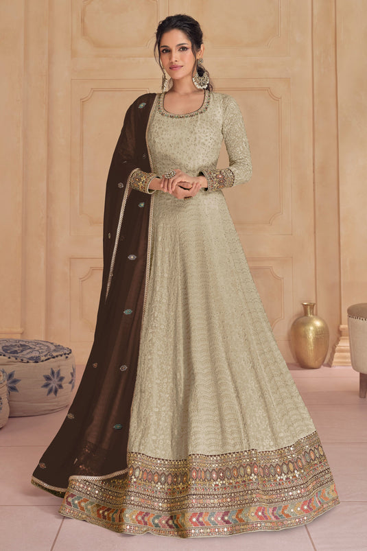 Beige Color Embroidered Readymade Anarkali Gown