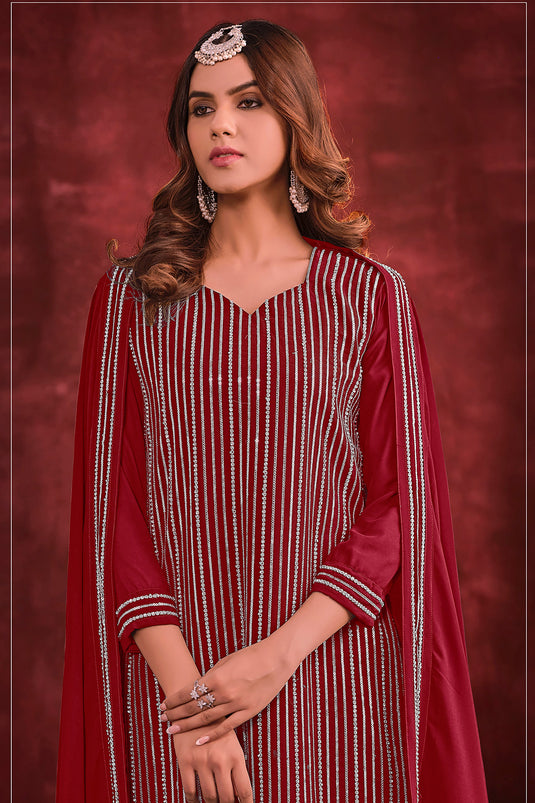 Glamorous Sequins Work Maroon Color Palazzo Suit