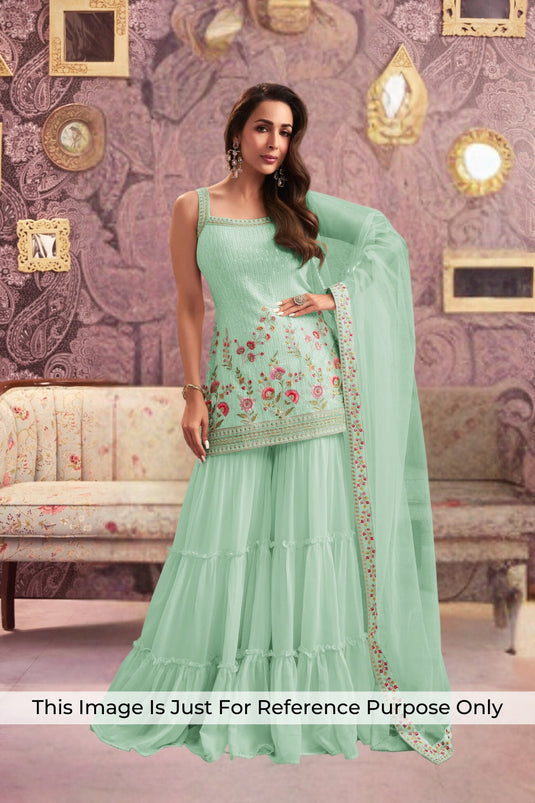 Engaging Sea Green Color Georgette Fabric Replica Palazzo Suit