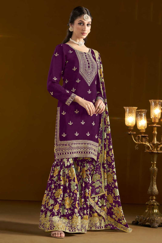 Engaging Purple Color Chinon Fabric Sharara Suit For Function Wear