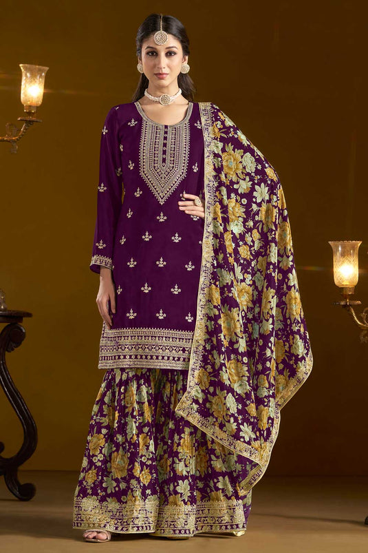 Engaging Purple Color Chinon Fabric Sharara Suit For Function Wear