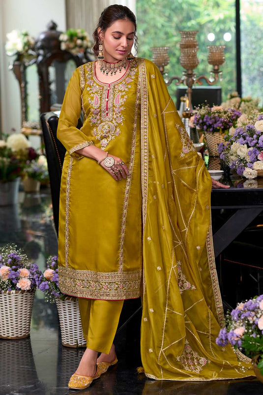 Tempting Chinon Fabric Yellow Color Readymade Salwar Suit