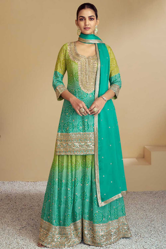 Sea Green Color Chinon Fabric Alluring Bandhani Printed Palazzo Suit