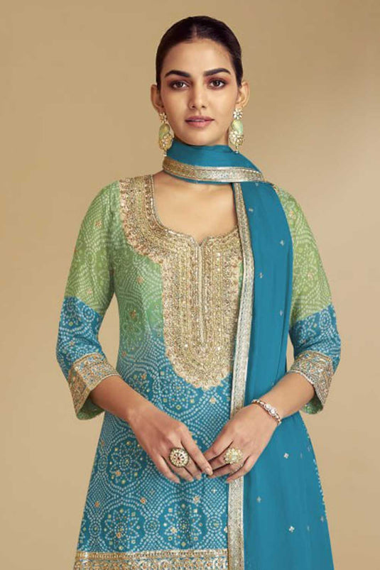 Sky Blue Color Chinon Fabric Bandhani Printed Classic Palazzo Suit