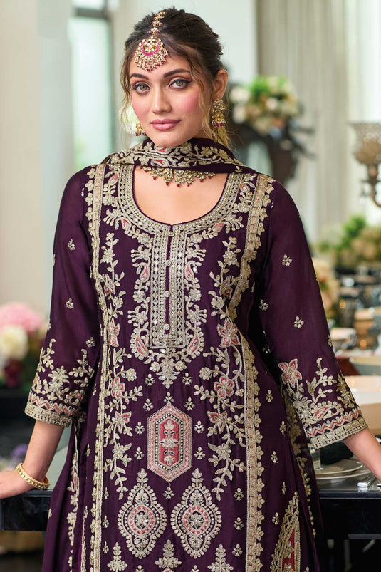 Chinon Fabric Purple Color Attractive Readymade Palazzo Suit