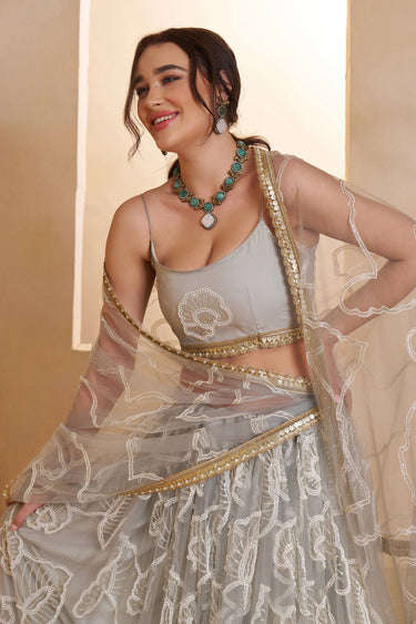 Net Fabric Grey Wedding Wear Lehenga Choli