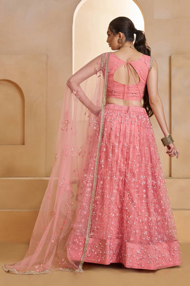Net Fabric Sequins Work Pink Wedding Wear Lehenga Choli
