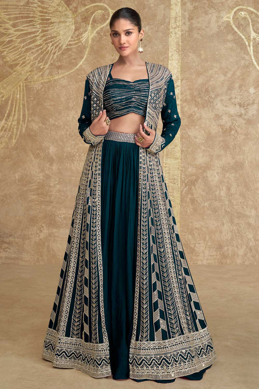 Chinon Silk Fabric Teal Color Stylish Readymade Lehenga With Jacket