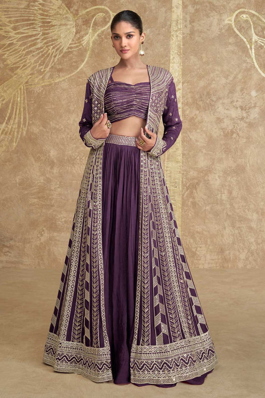 Chinon Silk Fabric Purple Color Beatific Readymade Lehenga With Jacket