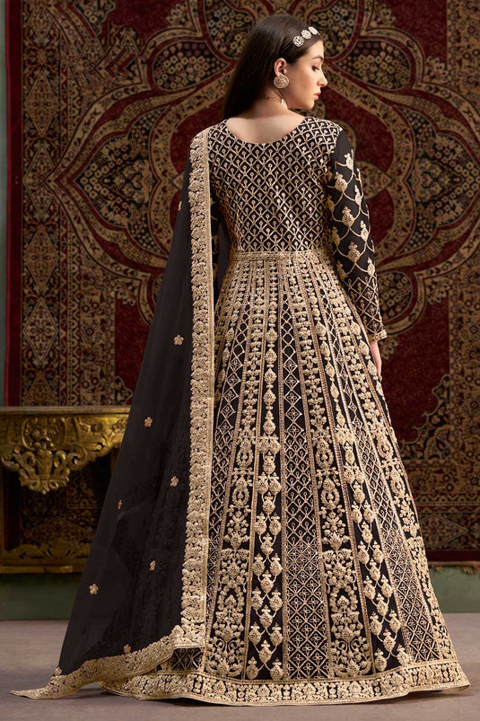 Black Color Net Fabric Alluring Sangeet Function Anarkali Suit