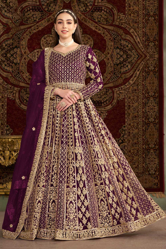 Purple Color Net Fabric Sangeet Function Classic Anarkali Suit