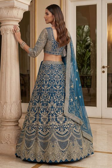 Rich Embroidery Sangeet Night Designer Teal Net Lehenga Choli