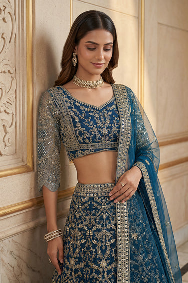 Rich Embroidery Sangeet Night Designer Teal Net Lehenga Choli