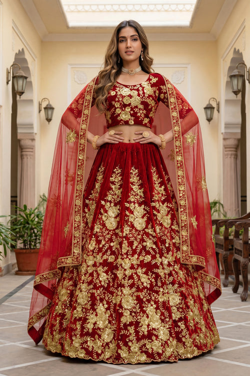 Elegant Red Traditional Bridal Look Designer Velvet Lehenga Choli