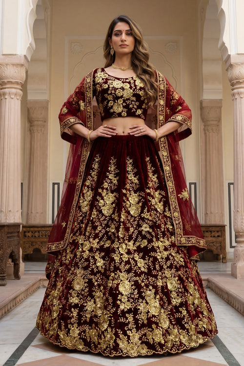 Grand Maroon Wedding Special Designer Embroidered Velvet Lehenga Choli