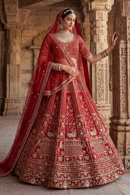 Royal Red Heavy Embroidery Bridal Look Silk Lehenga Choli