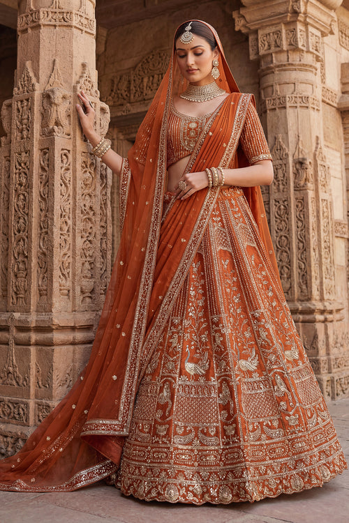 Luxury Heavy Embroidery Bridal Look Orange Designer Silk Lehenga Choli