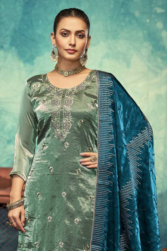 Classic Sea Green Color Function Wear Salwar Suit In Fancy Fabric