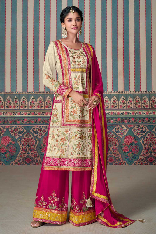 Sushrii Mishraa Engaging Rani Color Art Silk Fabric Palazzo Suit