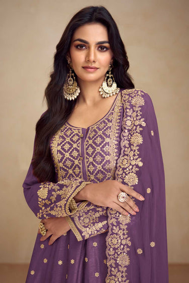 Glorious Function Wear Purple Color Chinon Fabric Palazzo Suit