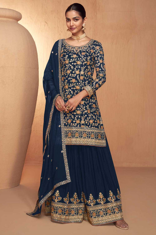 Navy Blue Color Exquisite Palazzo Suit In Chinon Fabric