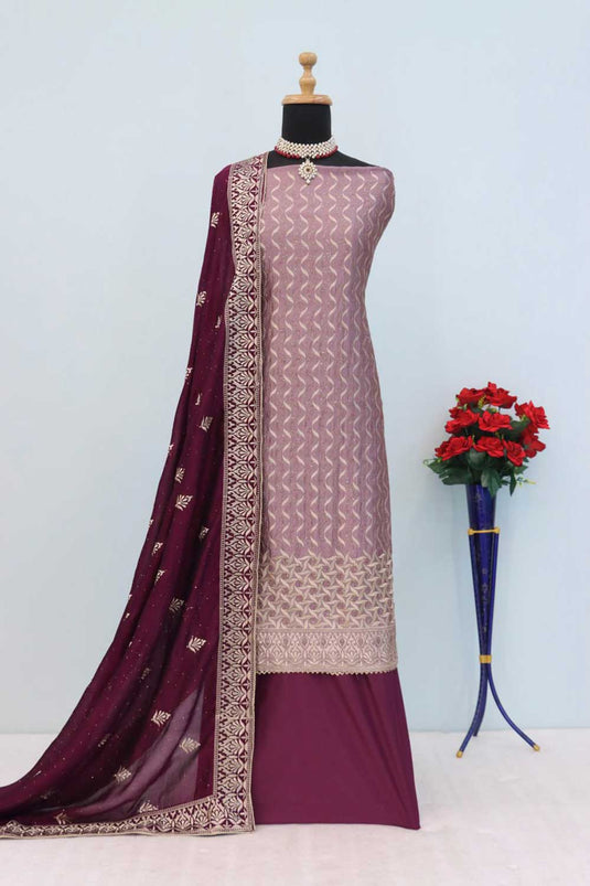 Vichitra Fabric Purple Color Embroidered Elegant Salwar Suit