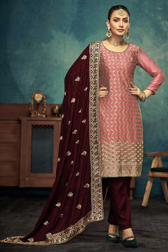 Pink Color Vichitra Fabric Embroidered Vintage Salwar Suit