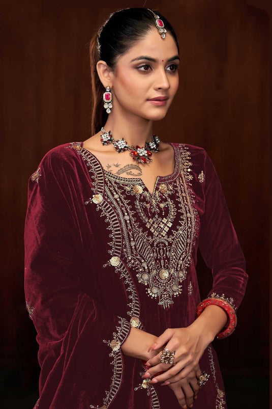 Classic Maroon Color Function Wear Velvet Palazzo Suit