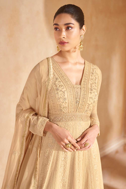 Georgette Fabric Glamorous Gown With Dupatta In Beige Color