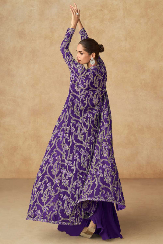 Purple Color Georgette Fabric Charming Palazzo Suit With Jacket