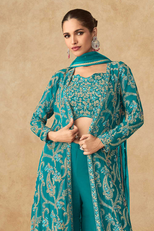 Green Color Georgette Fabric Beautiful Palazzo Suit With Jacket