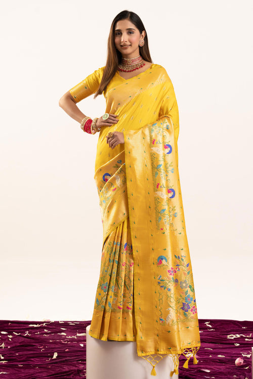 Festive Wear Yellow Banarasi Silk Zari Woven Saree With Stylish Blouse Piece