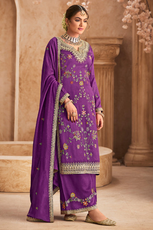 Embroidered Purple Color Chinon Readymade Palazzo Suit