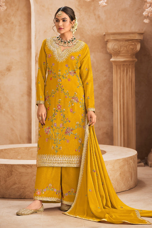 Yellow Color Embroidered Chinon Readymade Palazzo Salwar Suit