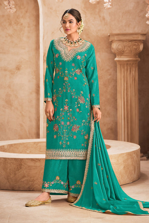 Cyan Color Embroidered Chinon Readymade Palazzo Dress