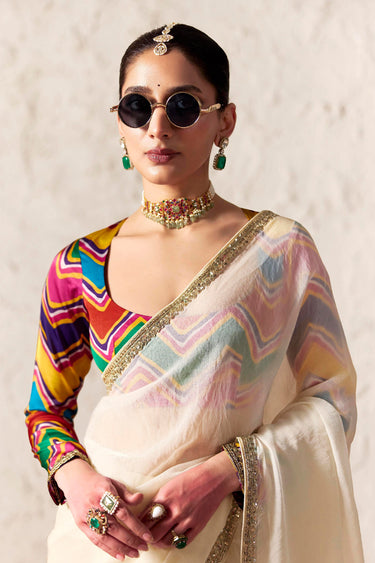 Luxury Off White Designer Tissue Silk Border Work Saree With Fancy Blouse