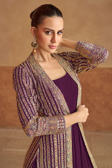 Purple Georgette Function Wear Readymade Anarkali Style Gown With Embroidered Jacket