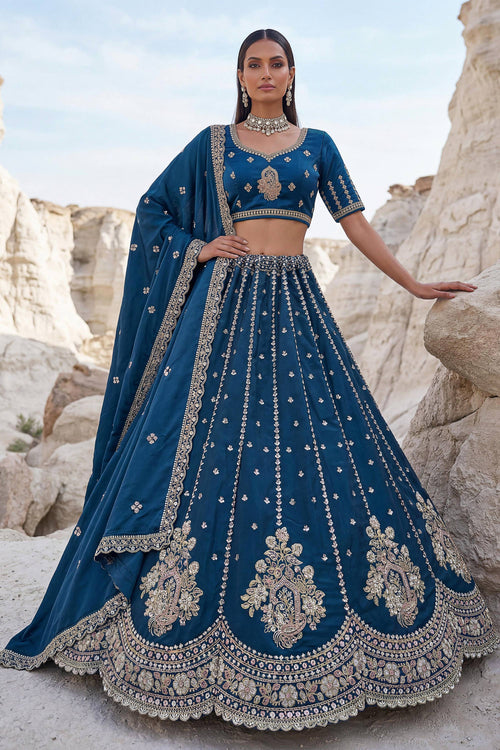 Navy Blue Embroidered Silk Lehenga With Designer Blouse