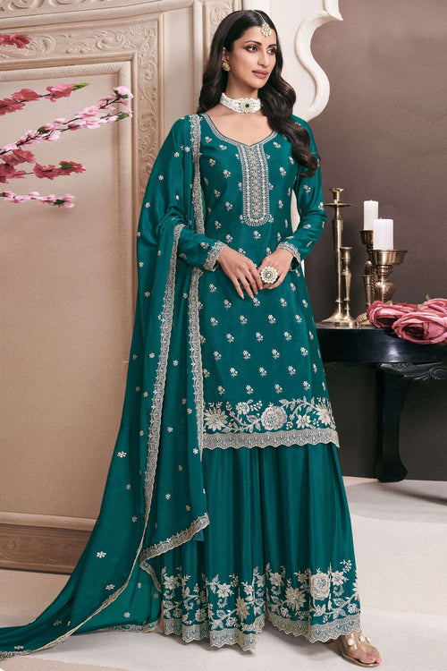 Chinon Embroidered Dark Cyan Designer Readymade Palazzo Salwar Kameez