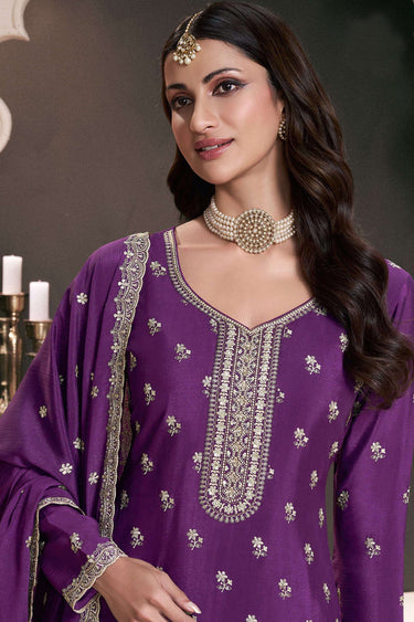 Attractive Purple Chinon Embroidered Readymade Palazzo Suit