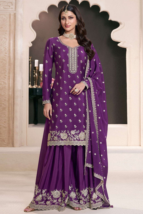 Attractive Purple Chinon Embroidered Readymade Palazzo Suit
