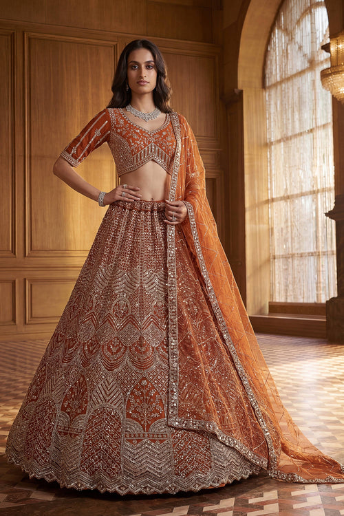 Royal Rust Net Fabric Sangeet Function Lehenga Choli
