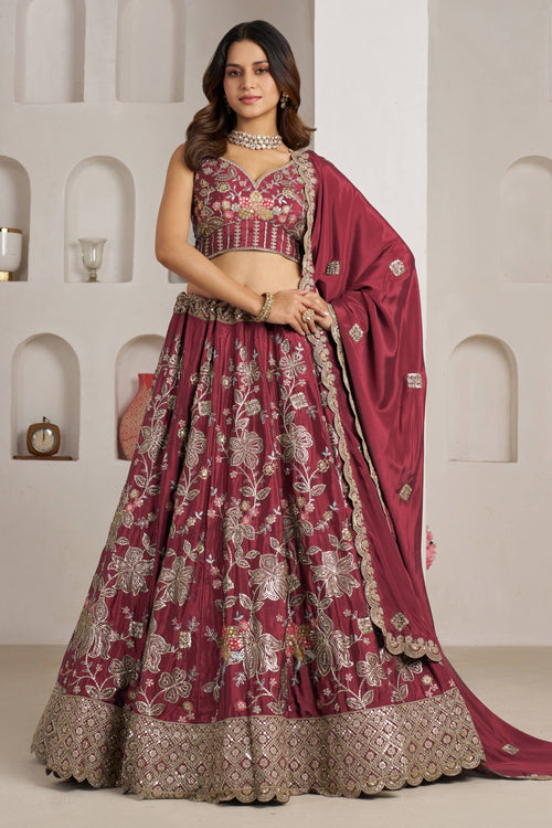 Designer Crepe Silk Maroon Wedding Lehenga Choli
