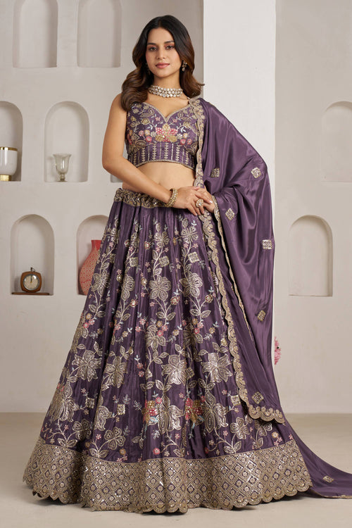 Exclusive Sequins Embroidered Purple Crepe Silk Lehenga Choli