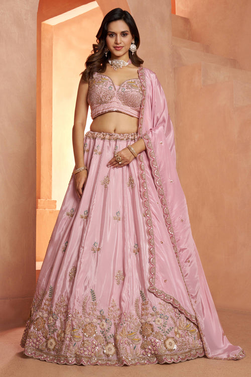 Heavy Embroidered Pink Silk Fabric Wedding Lehenga Choli For Women